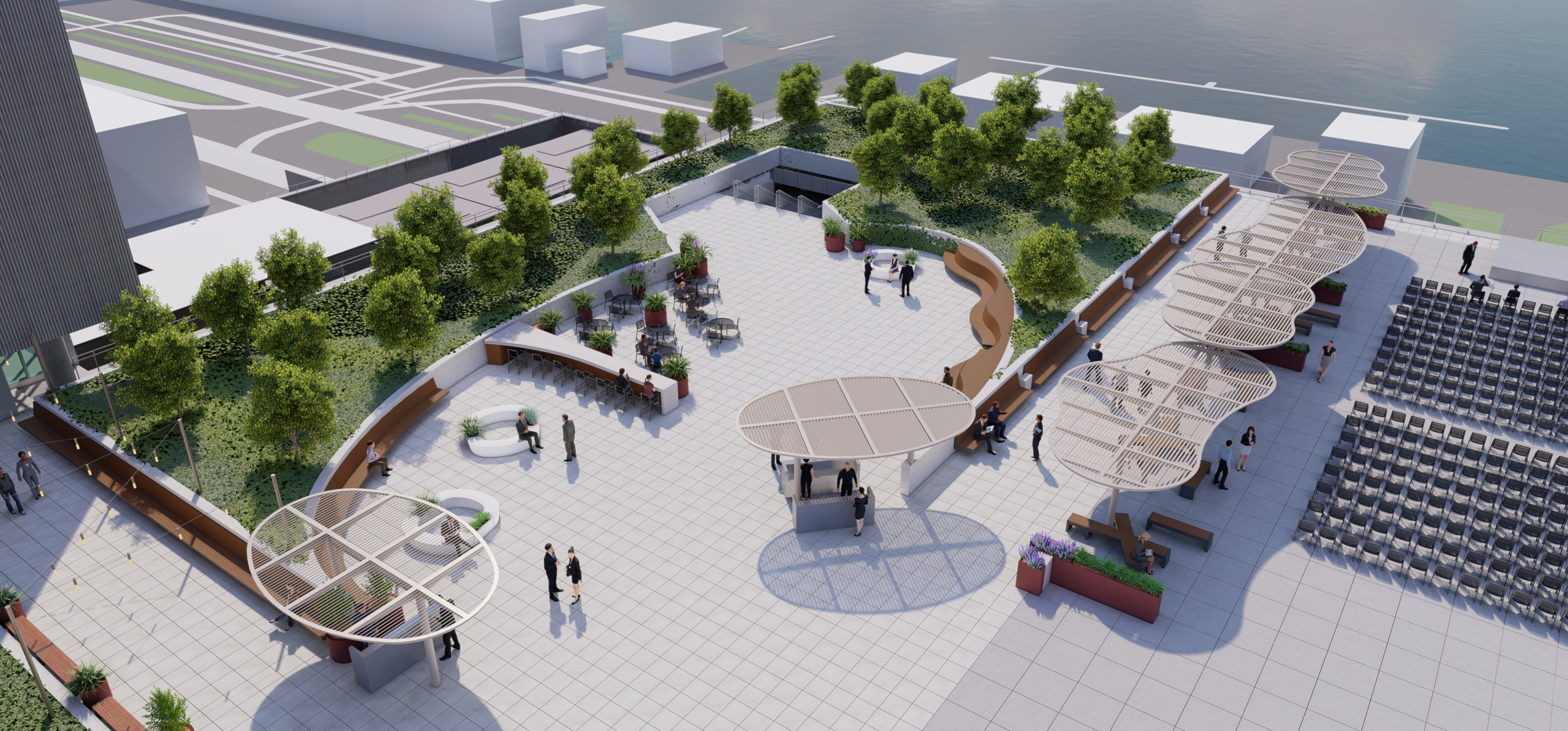 Javits Center roof terrace meeting spaces with trellises and benching