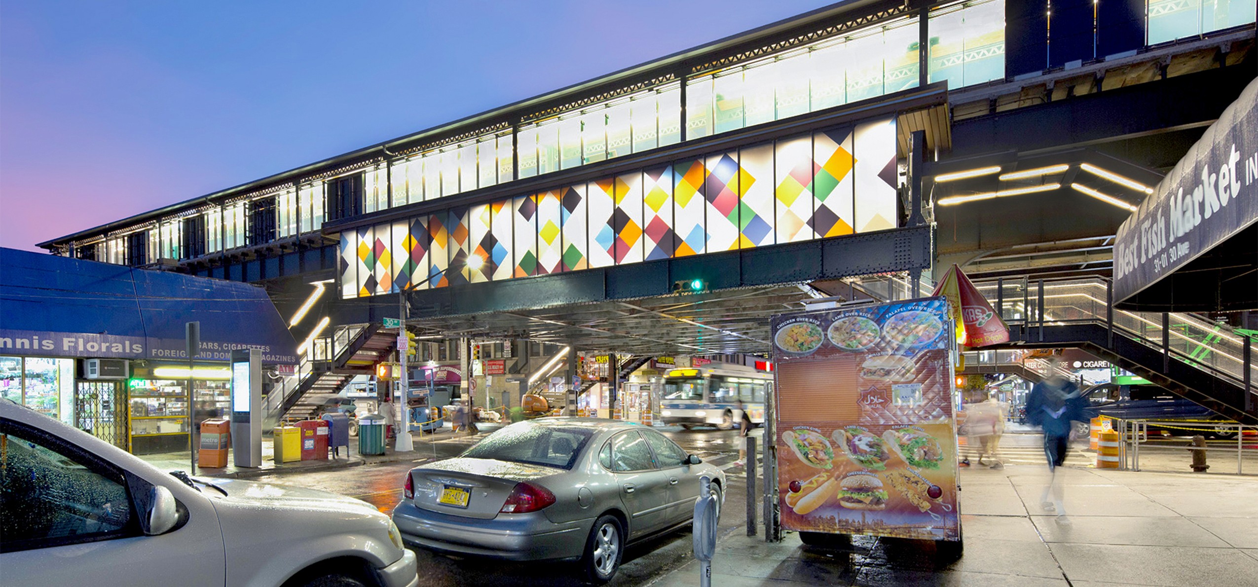 Elevated Astoria subway station at night